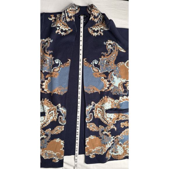 Susan Graver Weekend L Open Jacquard Duster Cardigan Stand Collar Blue Tan - Picture 7 of 15